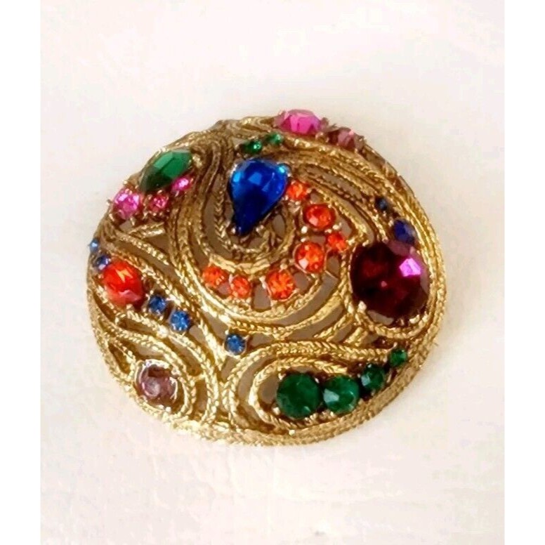 Vintage Signed Thelma Deutsch Multi-Colored Faceted Rhinestone Large Dome Brooch